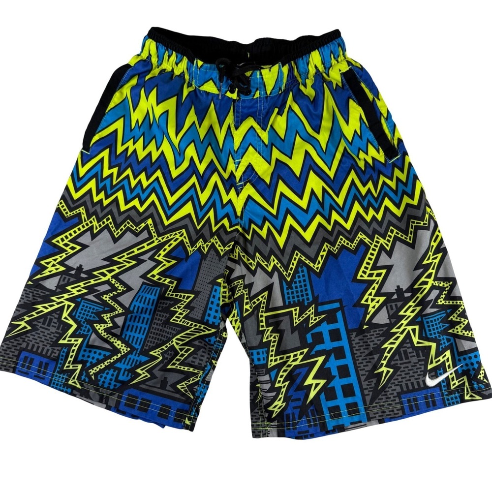 Nike Swim Trunks Mens XL Blue Neon Yellow Cityscape Lightning Bolt Board Shorts